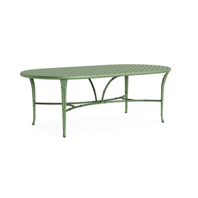 Brown Jordan Calcutta 44" x 86" Oval Cast Umbrella Dining Table in Bay Leaf For Sale