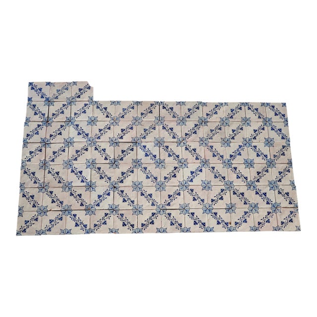 Antique 19th Century Portuguese Tiles With Floral Garland and Star Motif Set of 75 For Sale