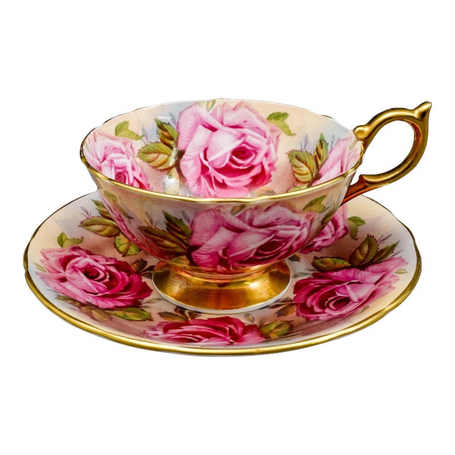 Anysley England 13 Pink Cabbage Roses 1026 Bone China Tea Cup & Saucer Set For Sale