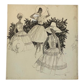 1950s B. Altman Hand Drawn Fashion Sketch Ad of Ladies in Summer Dresses, Signed For Sale
