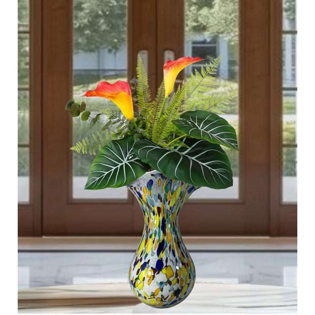 15+ In. Tall Bulbous Multicolor Ruffled Art Glass Confetti Multicolor Vase For Sale - Image 11 of 18