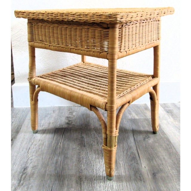 French Country 1960s Vintage French Country Wicker End Table Side Table With Bottom Shelf For Sale - Image 3 of 8