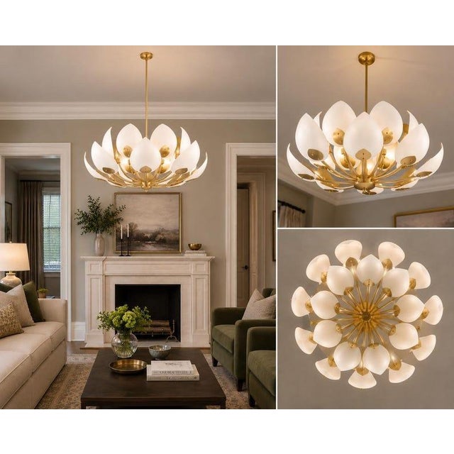 Not Yet Made - Made To Order Luxury Lotus Petal Brass Chandelier | Modern White Floral Ceiling Light | Mid Century Statement Pendant | Elegant Dining Room Fixture For Sale - Image 5 of 8