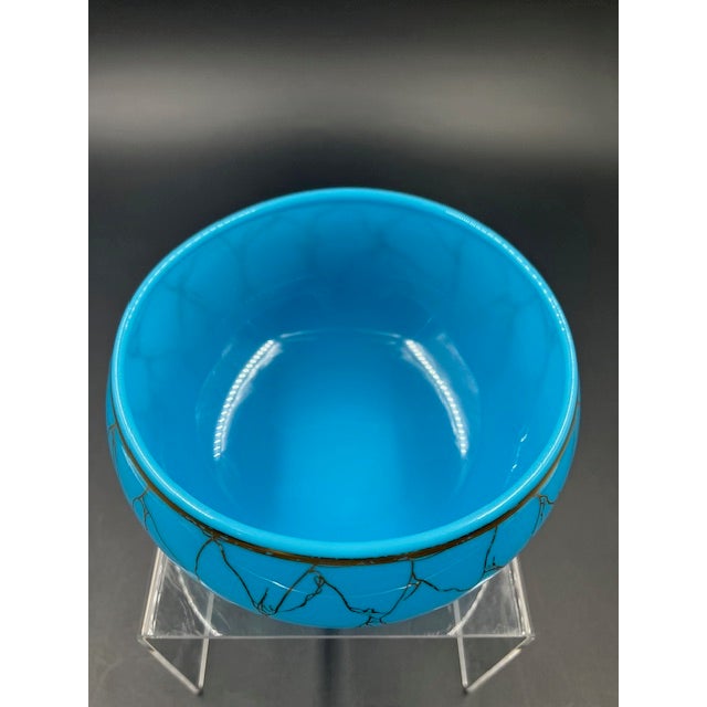 Mid 19th Century Beautiful Antique Blue Vitrified Opaline Bowl With Gilt Net Design For Sale - Image 6 of 12