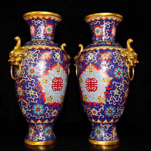 Chinese Pair of Chinese Cloisonné Vases | Gilt Bronze Handles & Taotie Mask Motif For Sale - Image 3 of 9