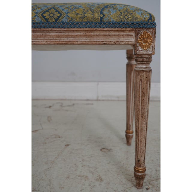 French Louis XVI Blue & Gold Damask Upholstered Stool For Sale - Image 4 of 12