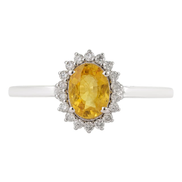 Oval Yellow Sapphire & Diamond Halo Vintage Ring in 14k White Gold Size 4 For Sale