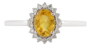 Oval Yellow Sapphire & Diamond Halo Vintage Ring in 14k White Gold Size 4