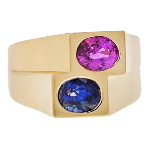 GIA certified Blue and Pink Sapphire Mens Ring in 18k Yellow Gold, Size 8.5