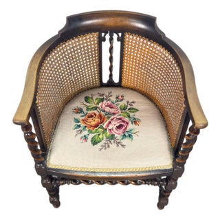 Antique English Oak Caned Tub Chair With Floral Needlepoint Seat, Circa 1910 For Sale