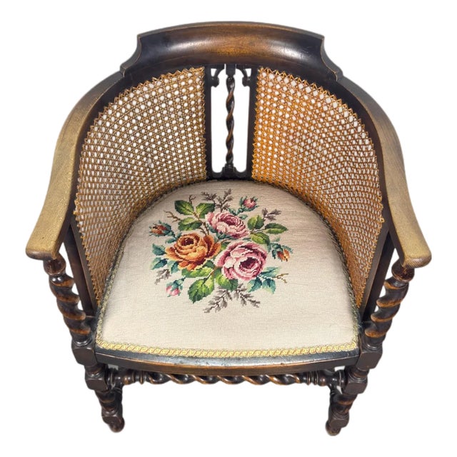 Antique English Oak Caned Tub Chair With Floral Needlepoint Seat, Circa 1910 For Sale