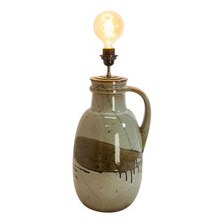 German Glazed Terracotta and Brass Table Lamp with Handle, 1970 For Sale