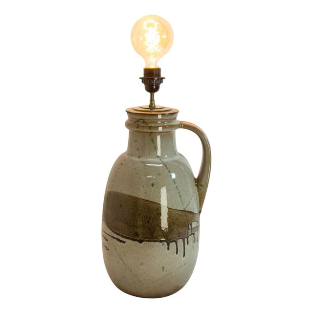 German Glazed Terracotta and Brass Table Lamp with Handle, 1970 For Sale