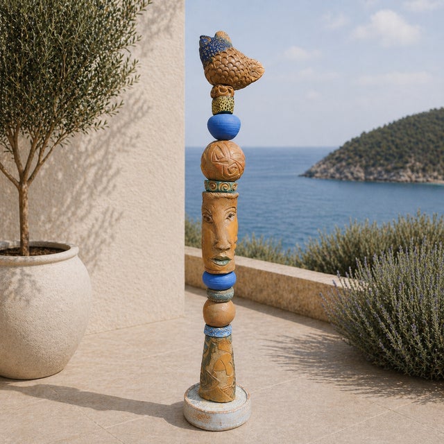 Marc Zimmerman "Long Face Totem Sculpture 1" Glazed Ceramic, 65 Inches Tall, Elongated Face, Earth Tones, Blue Accents, Contemporary Art West Coast For Sale In Monterey, CA - Image 6 of 7