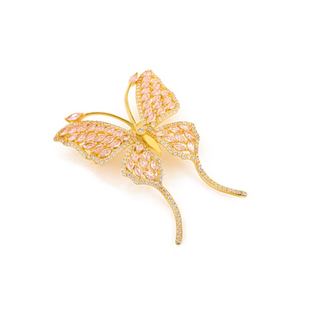 Abstract Yellow Gold Butterfly Brooch in 925 Silver Adorned With Marquise Cut Pink Cz Diamonds For Sale - Image 3 of 10