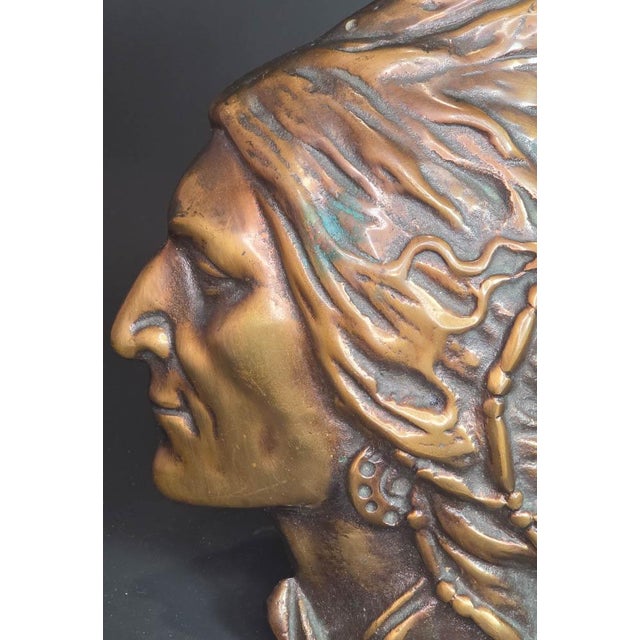 American Antique Bronze Plaque of a Native American Warrior For Sale - Image 3 of 10