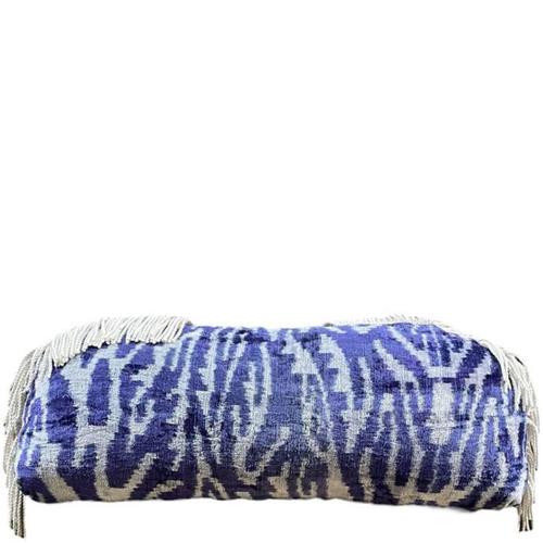 A unique oblong pillow with a rounded shape, tailored with a handwoven Ikat Silk velvet in blue and white. Trimmed with...
