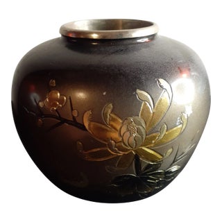 Antique Japanese Engraved Bronze Squat Vase For Sale