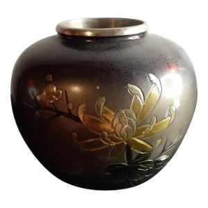 Antique Japanese Engraved Bronze Squat Vase