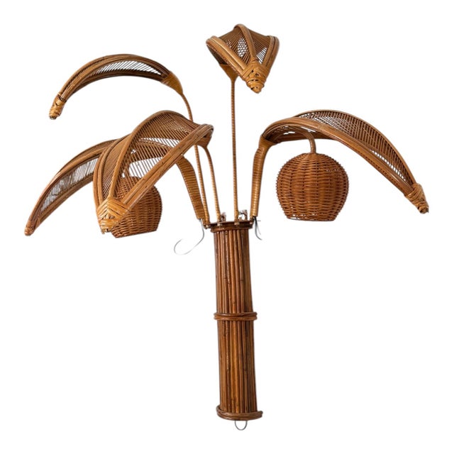 Mid-Century Modern Rattan Palm Tree Wall Lamp Sconces For Sale - Image 3 of 4