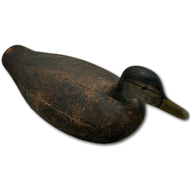 Charcoal Unusually Large Size Antique American Carved Wood Hand Painted Duck Hunters Decoy From Downeast Coastal Maine - 22 Inches Long For Sale - Image 8 of 18