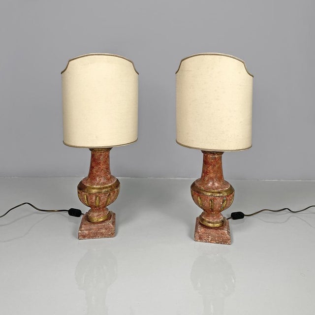 Postmodern Postmodern Italian Table Lamps in Red and Golden Wood with Fabric Lampshades, 1980s, Set of 2 For Sale - Image 3 of 18