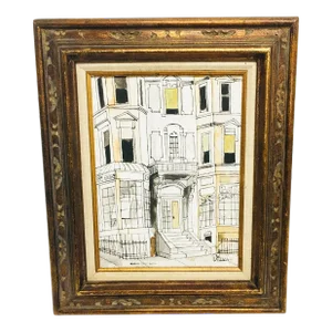 1970s "New England Brownstone" Modernist Architectural Original Oil Painting, Framed