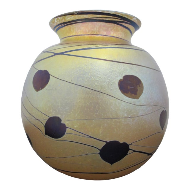 Donald Carlson Iridescent Gold Luster Vine & Heart Leaf Art Glass Vase For Sale
