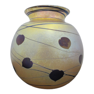 Donald Carlson Iridescent Gold Luster Vine & Heart Leaf Art Glass Vase
