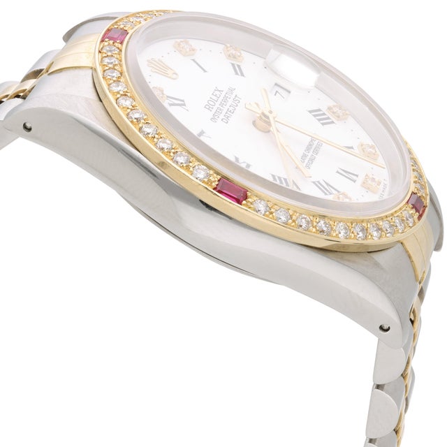 Rolex Datejust 16233 Two Tone Steel-18k Gold Ruby Diamond Bezel Vintage Watch For Sale - Image 16 of 17