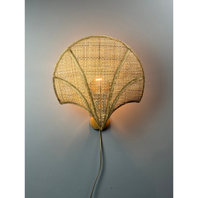 Vintage Italian Rattan Wicker Pine and Brass Scallop Wall Sconces, 1970s, Set of 2 For Sale - Image 13 of 18