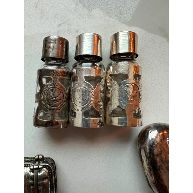 Metal Large Collection of Antique Silver Makeup, Lipstick, Snuff and Pill Boxes With Perfume Bottles For Sale - Image 7 of 13