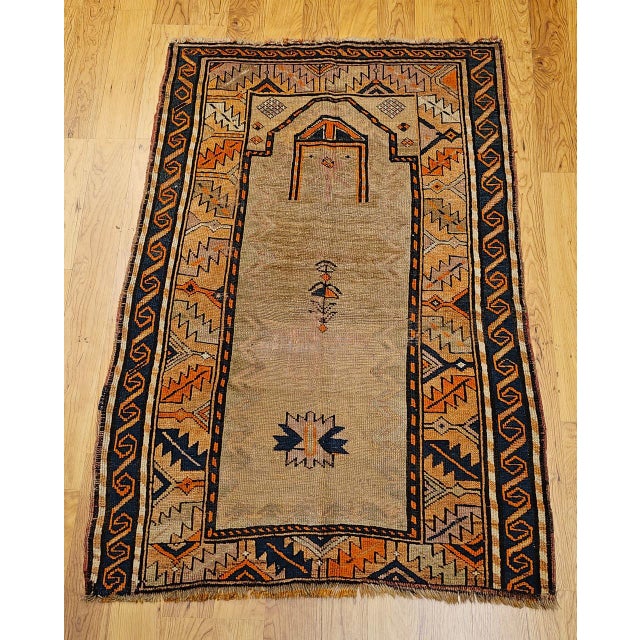 Textile Vintage Persian Kurdish Tribal Area Rug, Hand-Knotted Prayer Pattern, 3x5, Camelhair & Brick Red For Sale - Image 7 of 15