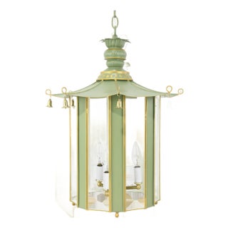 Vintage Green and Gold Chinoiserie Pagoda Tole Chandelier With Hanging Bells For Sale