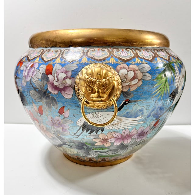 1960s Monumental Handcrafted Cloisonné Enamel Jardiniere With Cranes, Blossoms & Lion Head Handles For Sale In Louisville - Image 6 of 18