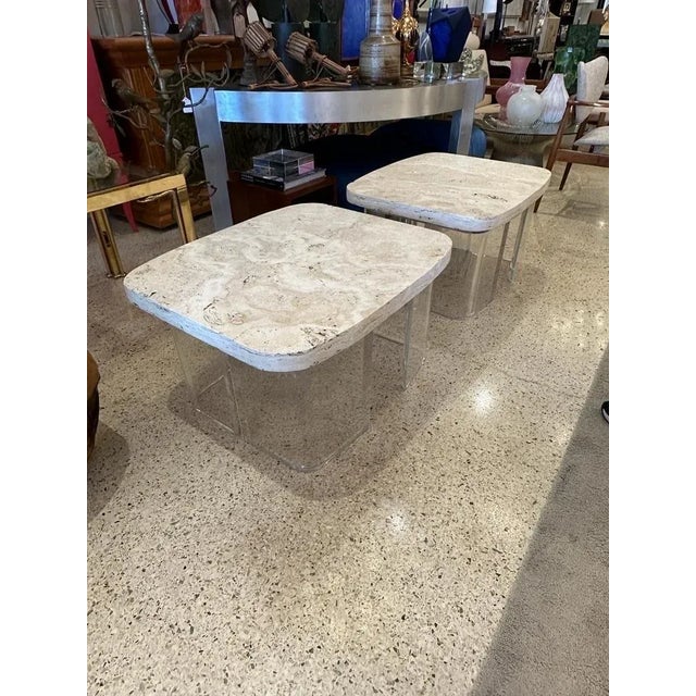 1970s Natural Travertine and Lucite Sidetables - a Pair For Sale - Image 5 of 6