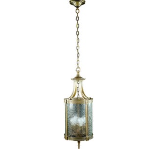 1940s Federal Bronze Clear Pebbled Glass Hanging Lantern For Sale