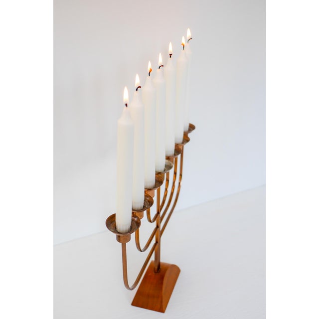 Large Vintage Brass and Elm Candelabra, 1940s For Sale - Image 6 of 11