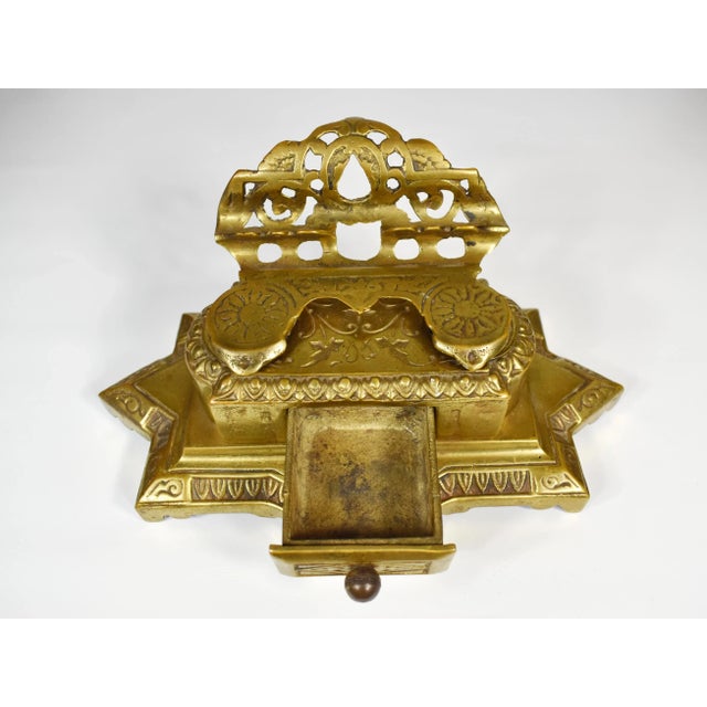Mid 20th Century Solid Brass Desk Double Inkwell and Pen Holder For Sale - Image 4 of 11