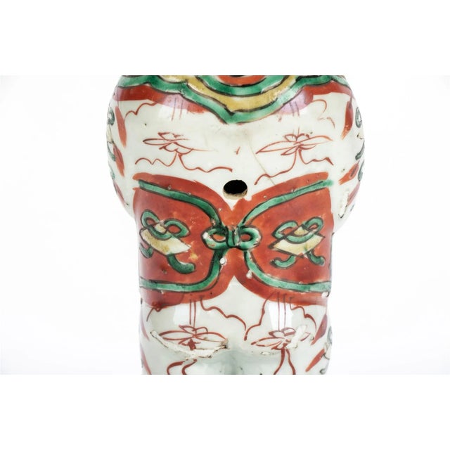 Antique 17th Century Chinese Kangxi Porcelain Figure of Laughing Ho Ho Boy Holding Vase in Famille Vert Glaze For Sale - Image 10 of 13