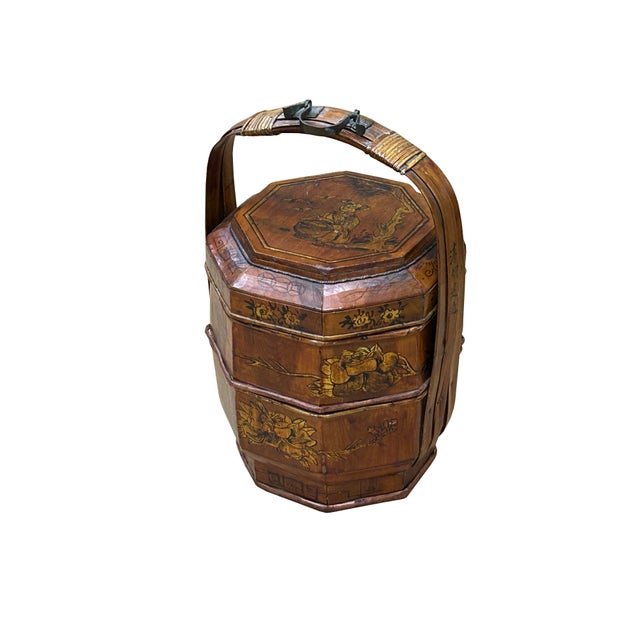 This is a beautifully preserved, antique tiered Chinese wedding or food basket (Hé Hé/喜盒 or 식盒), likely constructed from...