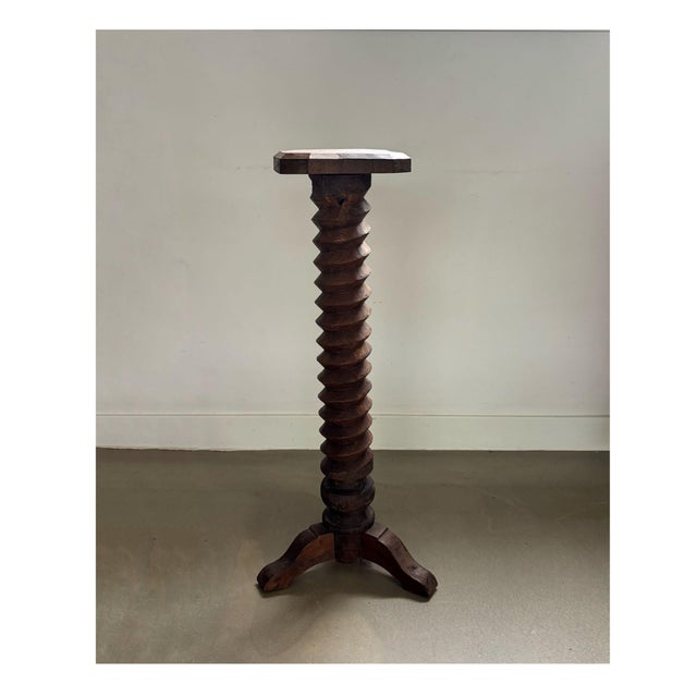 Brutalist Hand-Carved Wooden Pedestal, France, 1940s For Sale - Image 6 of 6