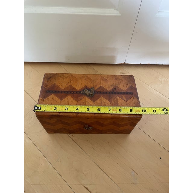 Handmade Antique Wooden Box With Geometric Herringbone Chevron Parquetry Inlay For Sale - Image 12 of 12