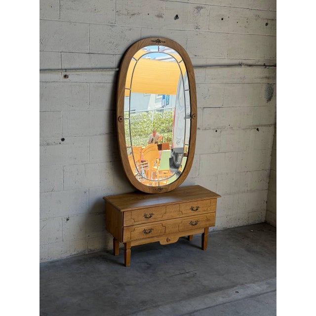 Brown Vintage Danish Oak Entryway Console Table & Oval Mirror Set With Brass Details For Sale - Image 8 of 10