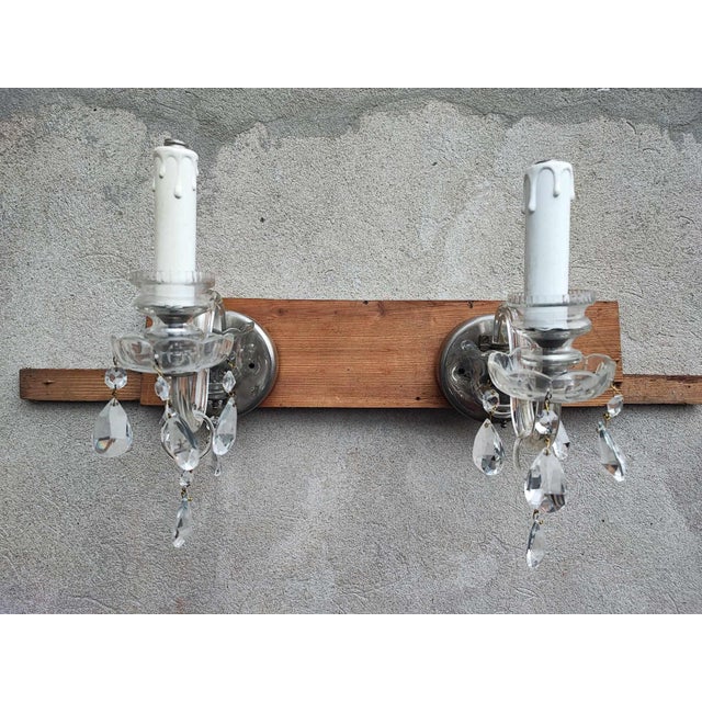 Metal Pre-War Glass Wall Lamp with Crystals, 1920s For Sale - Image 7 of 7