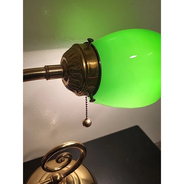 Mid-Century Modern Vintage Bankers Brass Lamp Green Glass With Pull Chain For Sale - Image 3 of 11