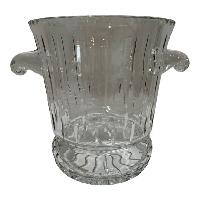 Mid 20th Century Signed Large Crystal Double Handle Ice Bucket With Scroll Handles For Sale