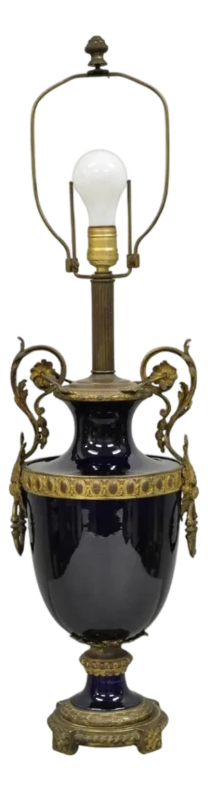 Antique French Empire Cobalt Blue Porcelain Figural Gilt Bronze Urn Table Lamp