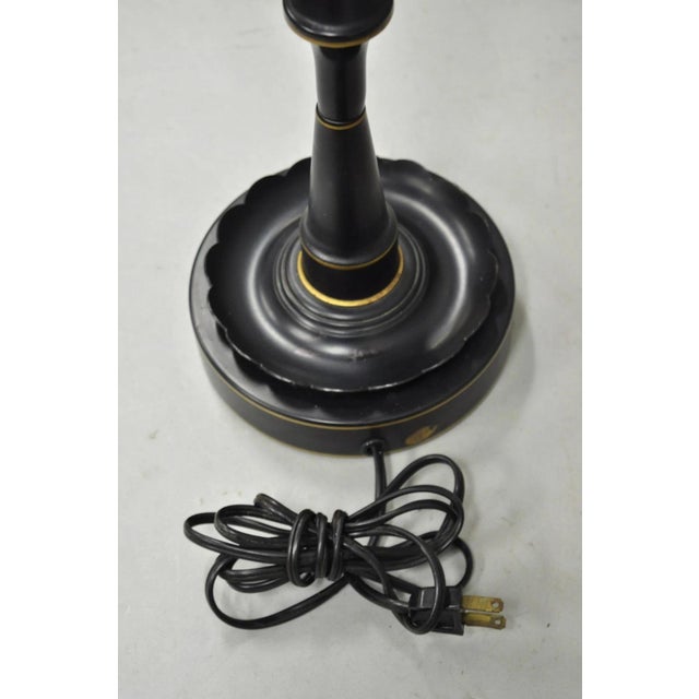 Vintage French Country Black Tole Metal Three Arm Candelabra Table Lamp With Shade For Sale - Image 10 of 14