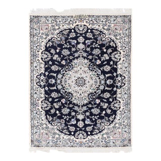 Pasargad Navy Blue Persian Silk & Wool Nain For Sale